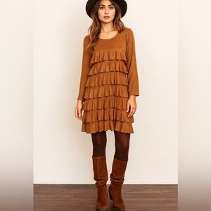 Isle by Meliz Kozan Faux Suede Chic Tiered Long Sleeve Dress  Brown Boho Fall
